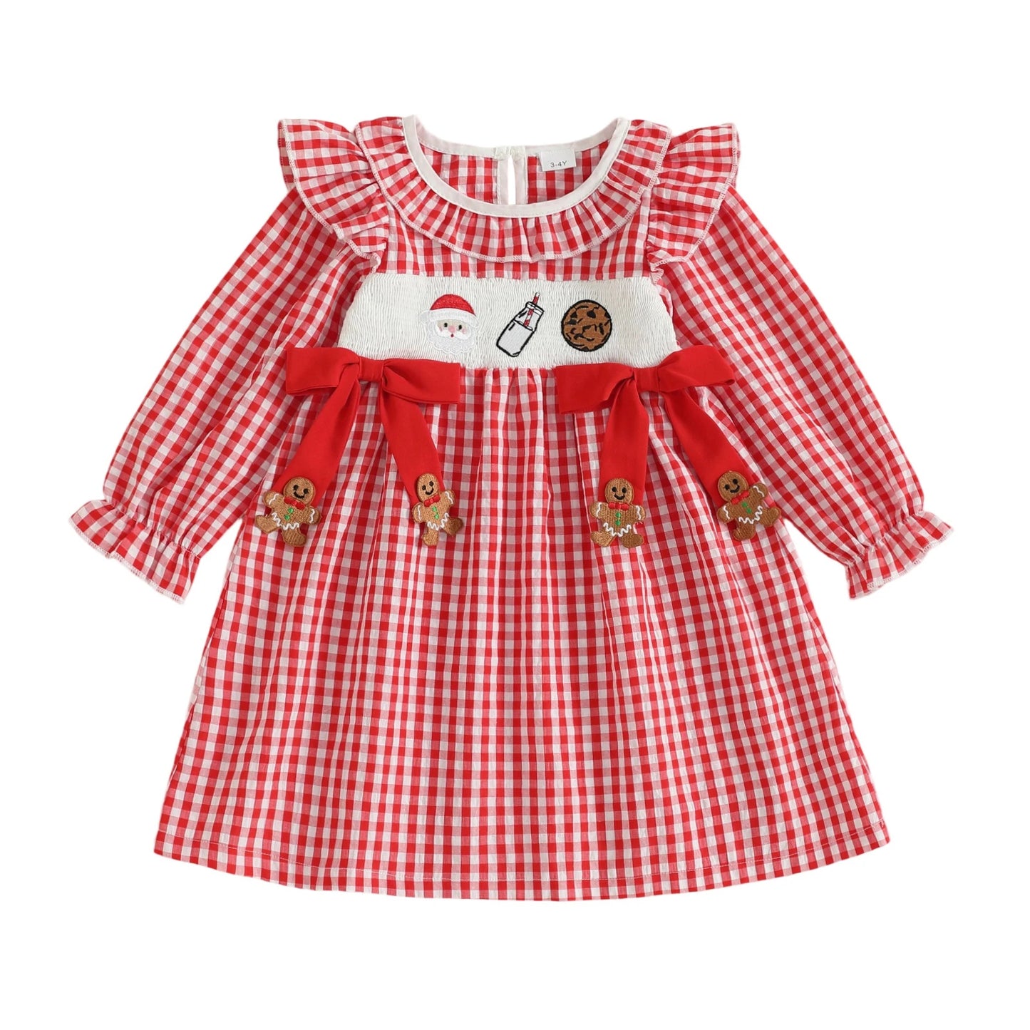 Girls Christmas Dress Long Sleeve Crew Neck Plaid Embroidery Santa Claus Winter Dress with Bow Detail