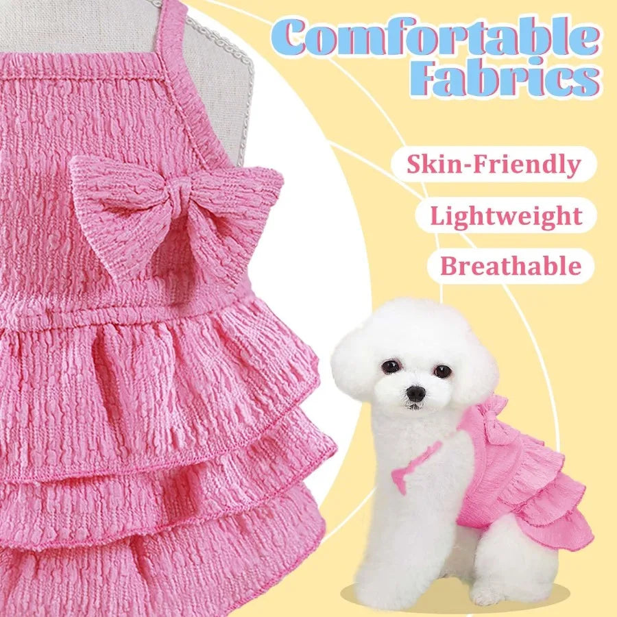 2 Pieces Dog Dress for Small Dogs Girl Puppy Sleeveless Clothes Pet Pullover Vest Skirt Cute Bow Tiered Cake Dress Pet Dog Shir