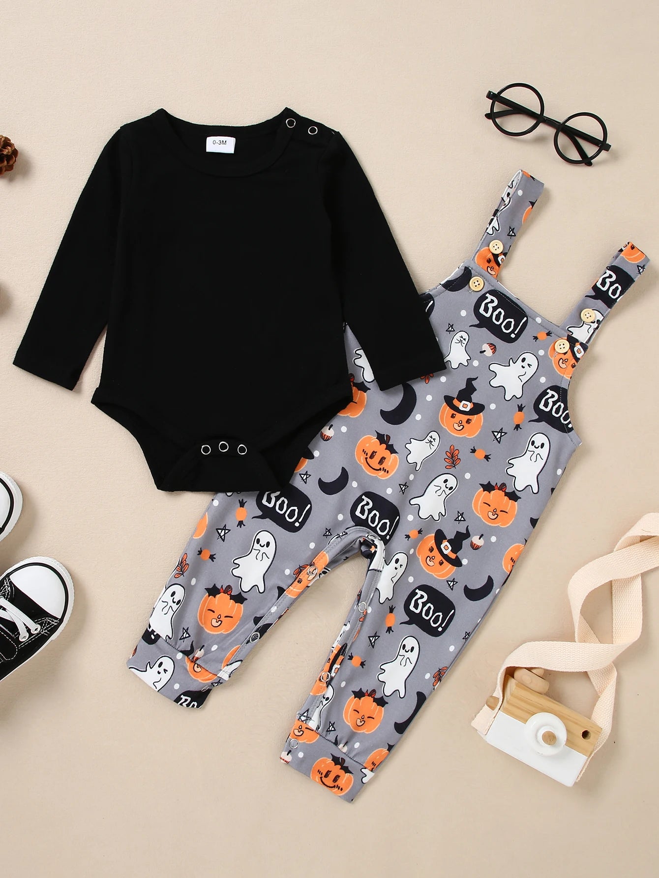 Newborn Baby Boy Clothes,2Pcs Infant Boy Romper Bodysuit halloween Stripe Outfits +Bib Overall Pants(0-24 Month)