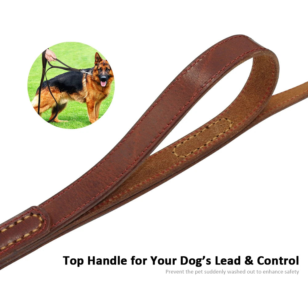 Genuine Leather Pet Dog Leash Rope Pet Training Walking Lead Leashes For Medium Large Dogs Quick Control With 2 Handles