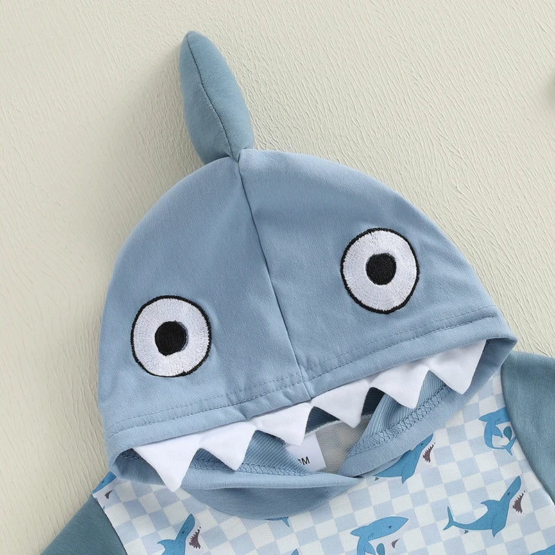 Boys Summer Shorts Sets Short Sleeve Shark Print Hooded Tops and Drawstring Shorts Sets