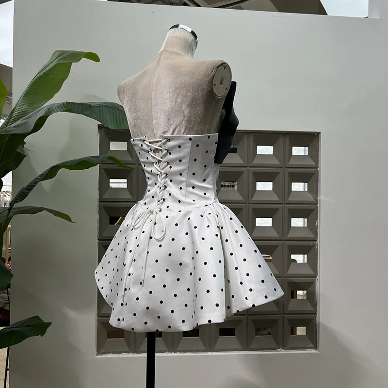 KBQ Hit Color Spliced Bowknot Elegant Mini Dresses for Women Strapless Sleeveless Patchwork Dot Print Dress Female Clothing New