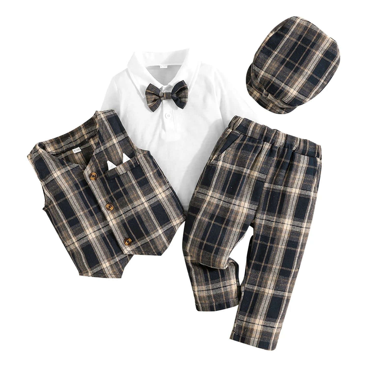 4Pcs Baby Boy Formal Wear Set with Long Sleeve Lapel Neck Shirt Plaid Button Down Vest Pants and Hat - Gentleman Outfit with
