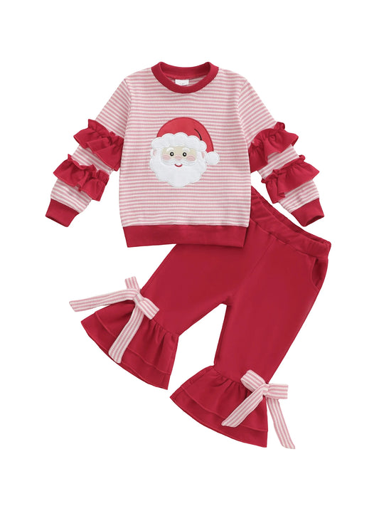 Girls Christmas Outfit Long Sleeve O Neck Reindeer Embroidery Polka Dot Tops Ruffle Pants Sets with Bow Headband