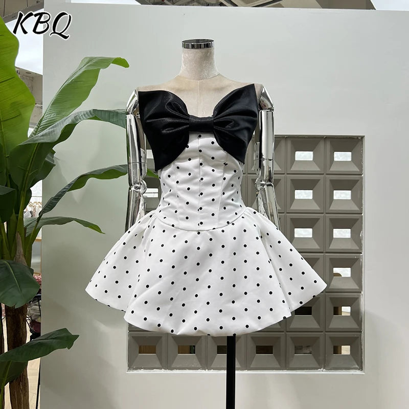 KBQ Hit Color Spliced Bowknot Elegant Mini Dresses for Women Strapless Sleeveless Patchwork Dot Print Dress Female Clothing New