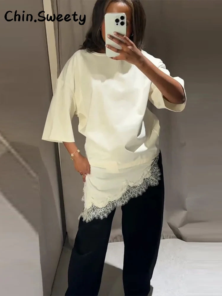 Elegant Satin Asymmetric Lace Patchwork Long Dress Women Solid V-neck Sleeveless Sling Dresses 2025 Autumn Lady High Street Robe