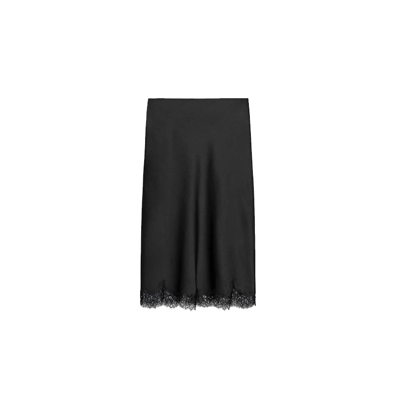 Elegant Satin Asymmetric Lace Patchwork Long Dress Women Solid V-neck Sleeveless Sling Dresses 2025 Autumn Lady High Street Robe