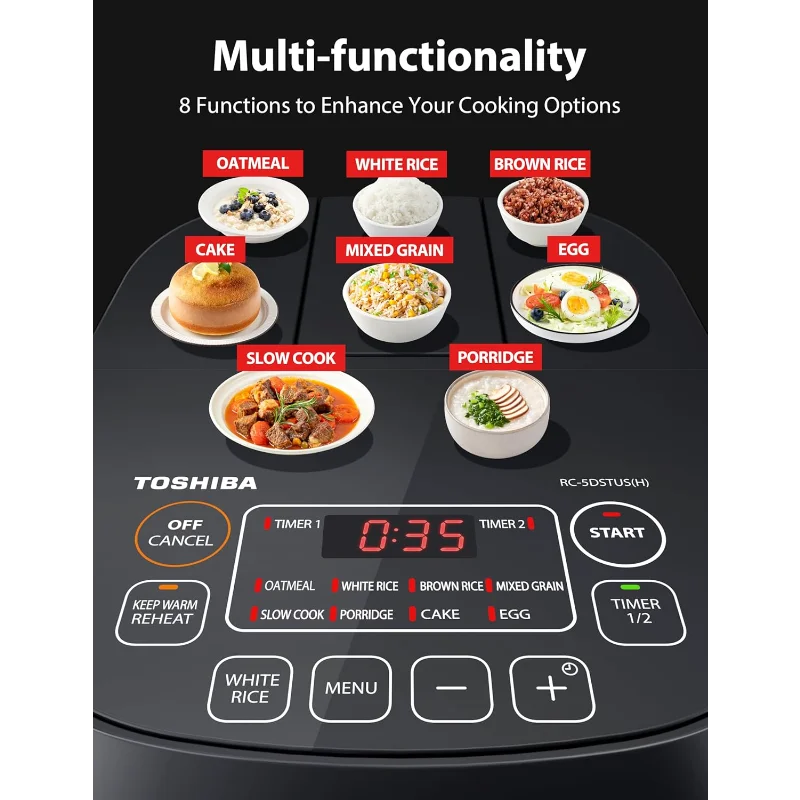 Rice Cooker Small 3-Cup Uncooked– LCD Display with 8 Cooking Functions: Rice, Oatmeal, Mixed Grains and More