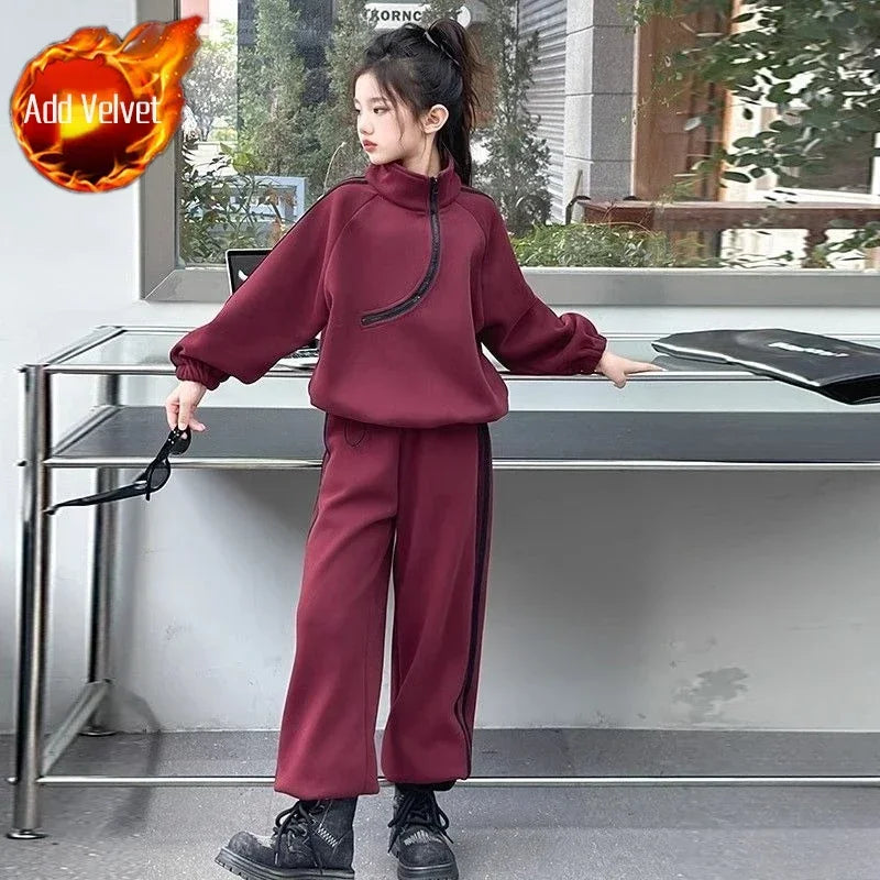 Top & Pants 2-Piece Set Fleece-lined Sweatshirt Girls Winter Clothing Girls' Autumn Clothes Korean Children's 2025 Wear Girl Two