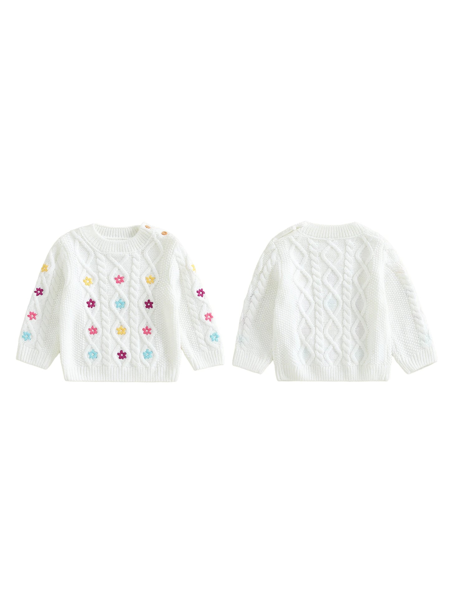 Infant Girls Floral Embroidered Knit Sweater with Crew Neck Jacquard Design and Long Sleeves - Adorable Pullover Top