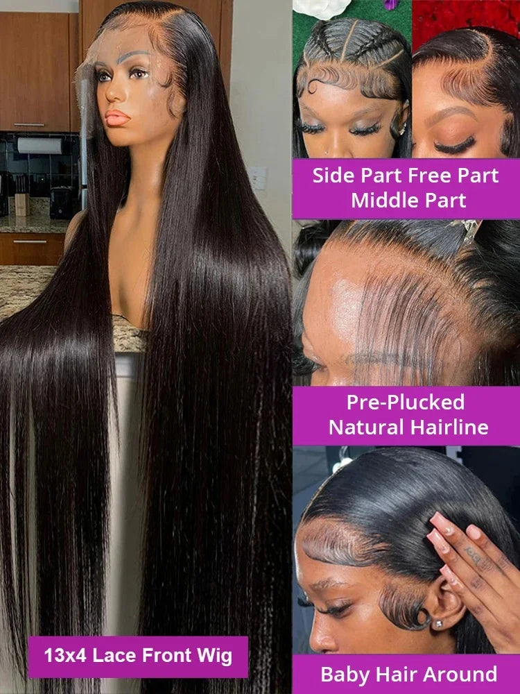 13x4 13x6 Hd Bone Straight Transparent Lace Front Wig Human Hair 40 Inch Pre Plucked Lace Front Wigs 200 Density 100% Human Hair