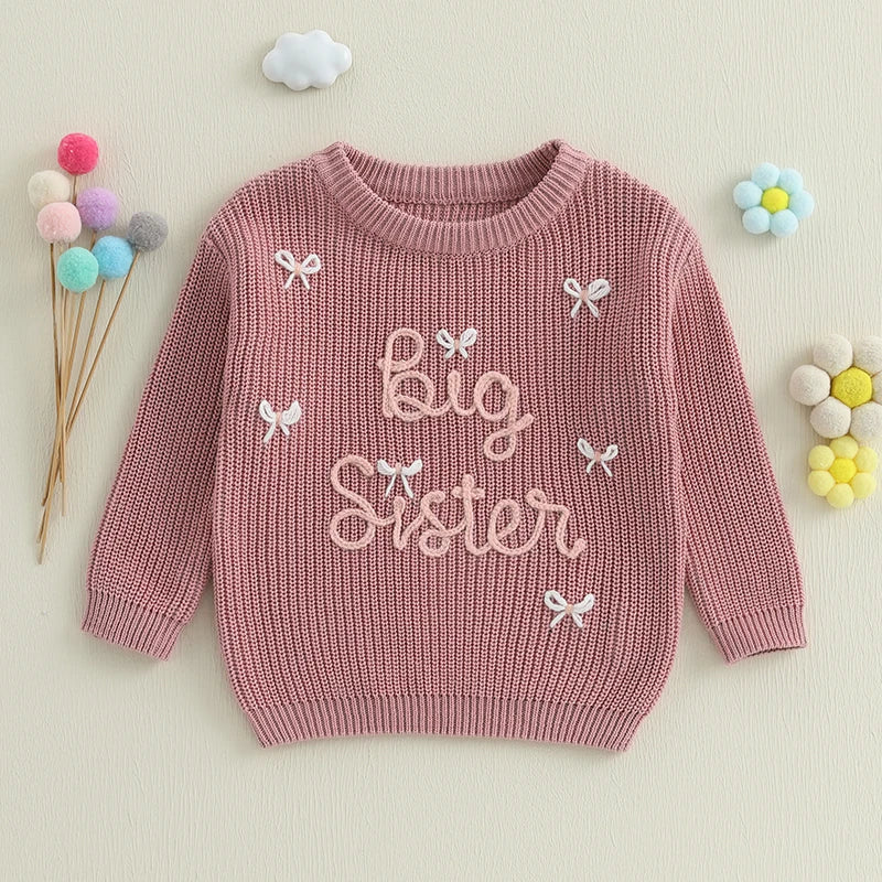 Cute Infant Pullover Sweater with Round Neck Long Sleeves Bow Detail and Embroidered Letter Design - Adorable Toddler Top