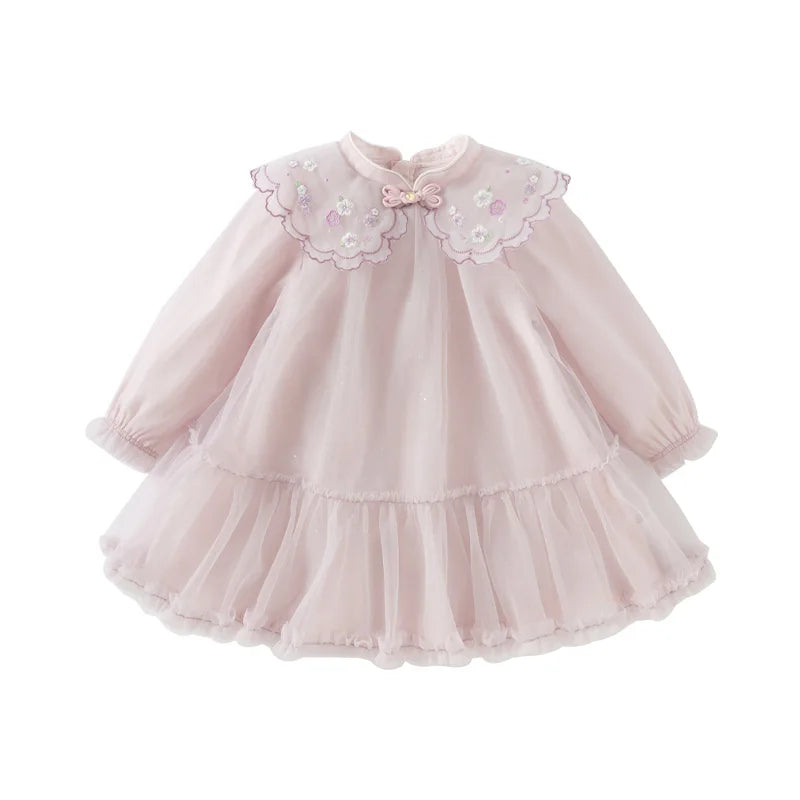 Dave Bella Spring Girl's Dress Cute Mesh Embroidery 2025 New Charm Gentle Cute Children's Princess Dress Party Outdoor DB1250678