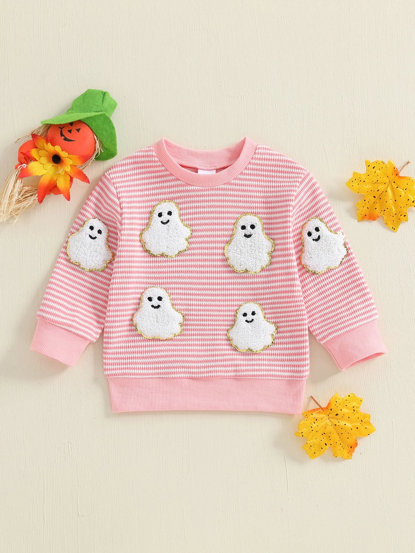 Children s Girls Hooded Sweatshirt Halloween Pumpkin Ghost Print Long Sleeve Pullover with Striped Design Crew Neck Costume