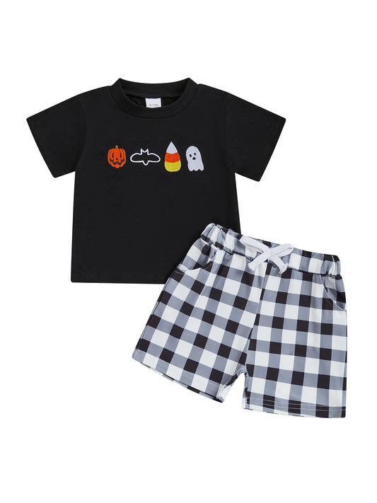 Boys Halloween Outfit Set with Spooky Embroidered Tops and Plaid Drawstring Shorts - Bat Ghost and Pumpkin Theme