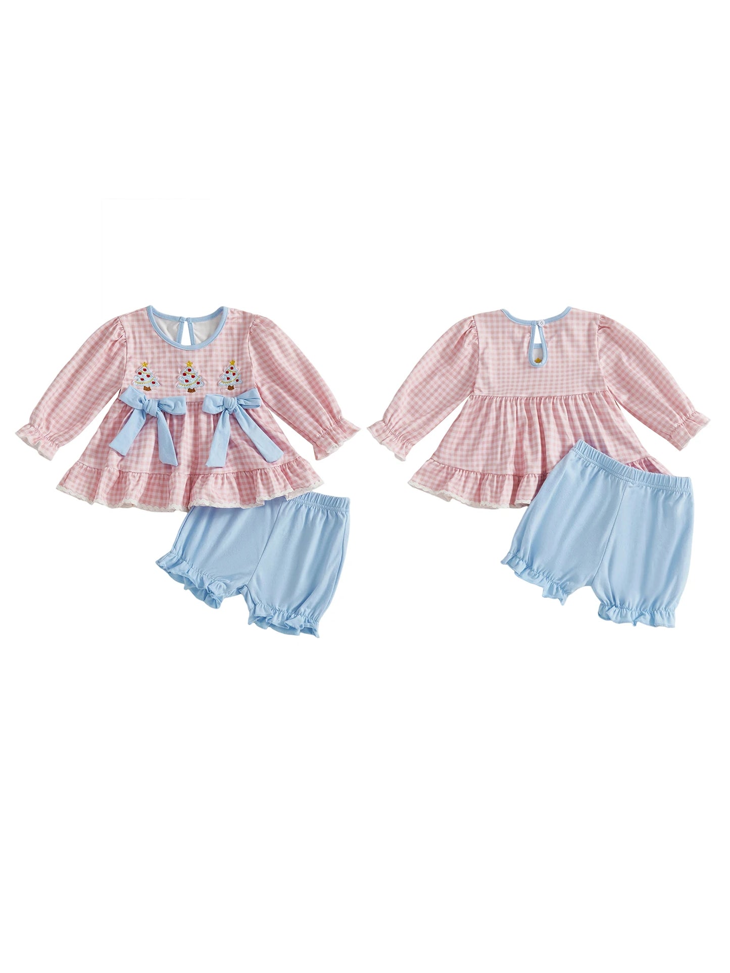 2Pcs Baby Girl Christmas Outfits Long Sleeve Plaid Print Tops Shorts Set Newborn Clothes