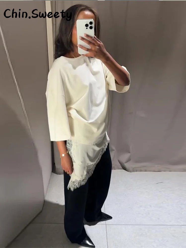 Elegant Satin Asymmetric Lace Patchwork Long Dress Women Solid V-neck Sleeveless Sling Dresses 2025 Autumn Lady High Street Robe