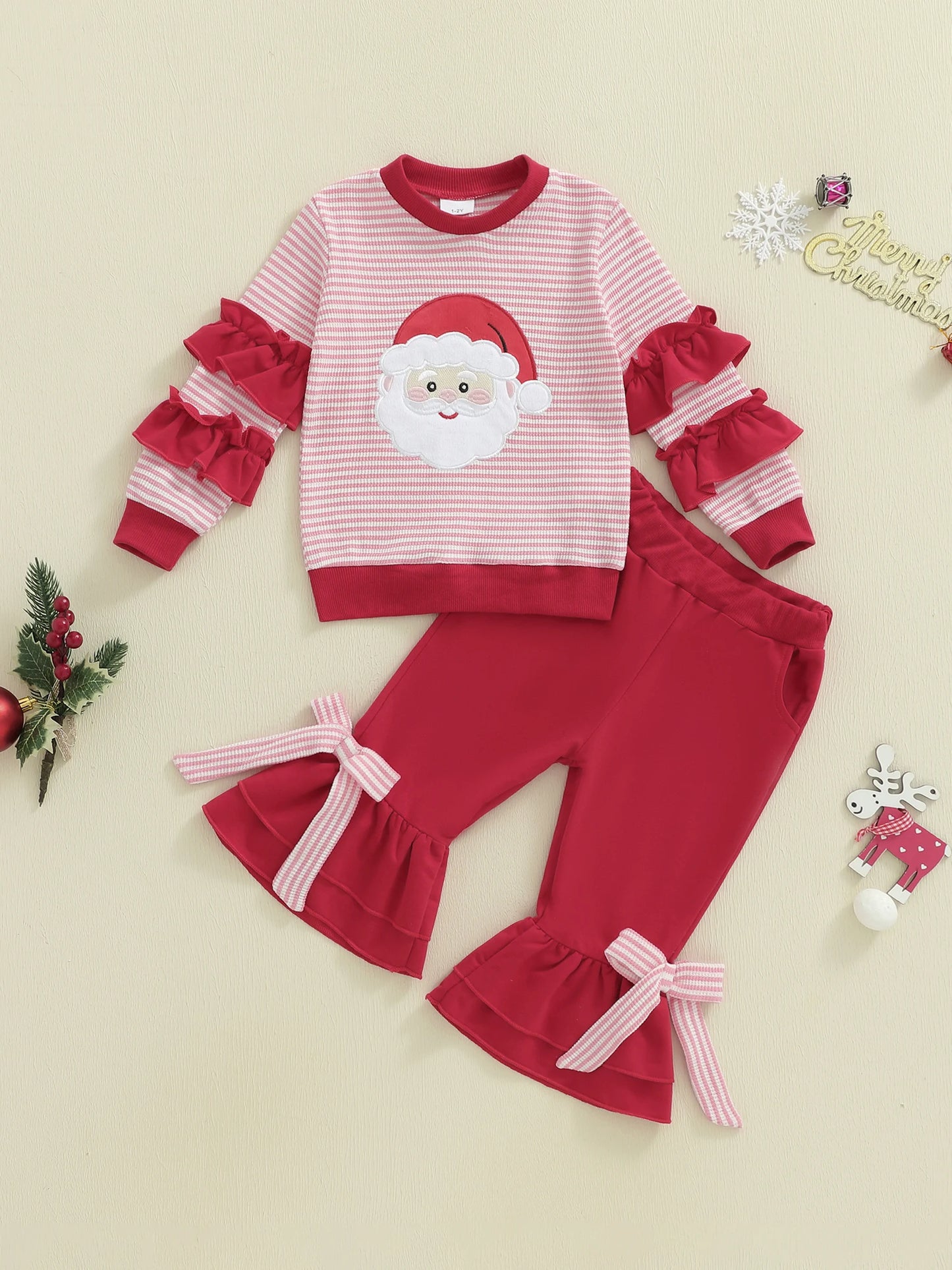 Girls Christmas Outfit Long Sleeve O Neck Reindeer Embroidery Polka Dot Tops Ruffle Pants Sets with Bow Headband