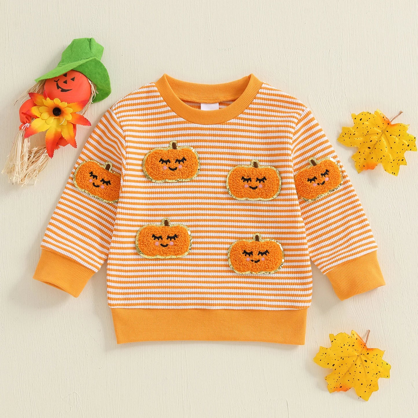 Children s Girls Hooded Sweatshirt Halloween Pumpkin Ghost Print Long Sleeve Pullover with Striped Design Crew Neck Costume