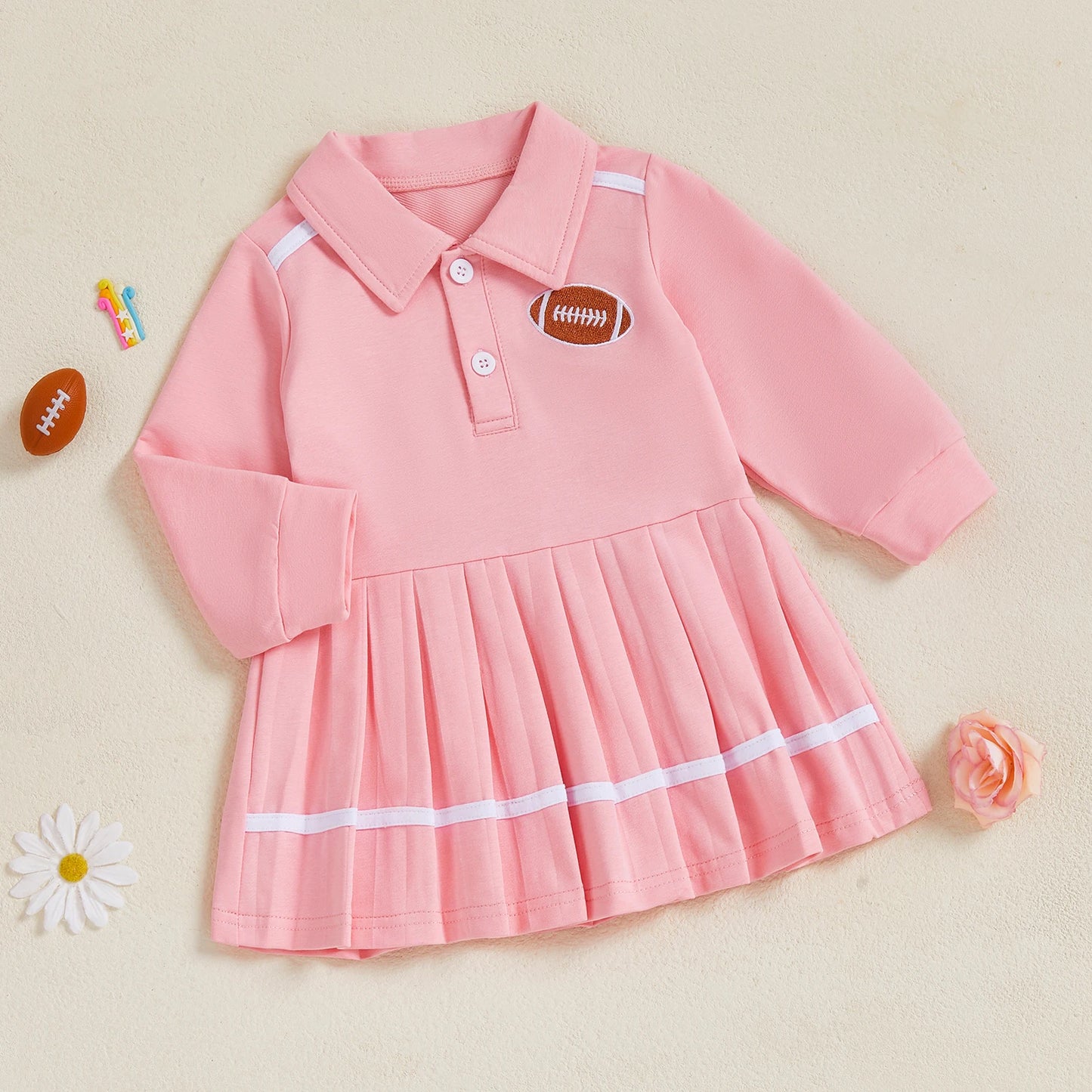 Toddler Baby Girls Dress Fall Fashionable Rugby Embroidery Lapel Long Sleeve Pleated Dress