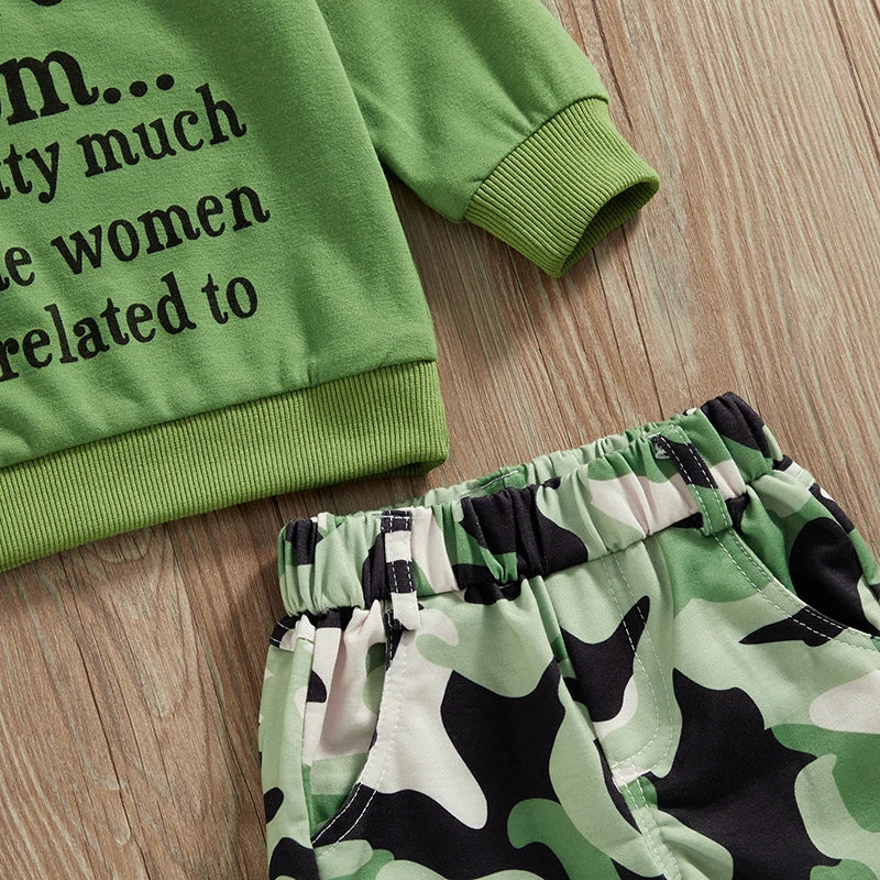 Toddler Boy Stylish Outfit Set Crew Neck Long Sleeve Graphic Tee Adjustable Waist Camo Cargo Joggers Little Boy 2 Piece Set