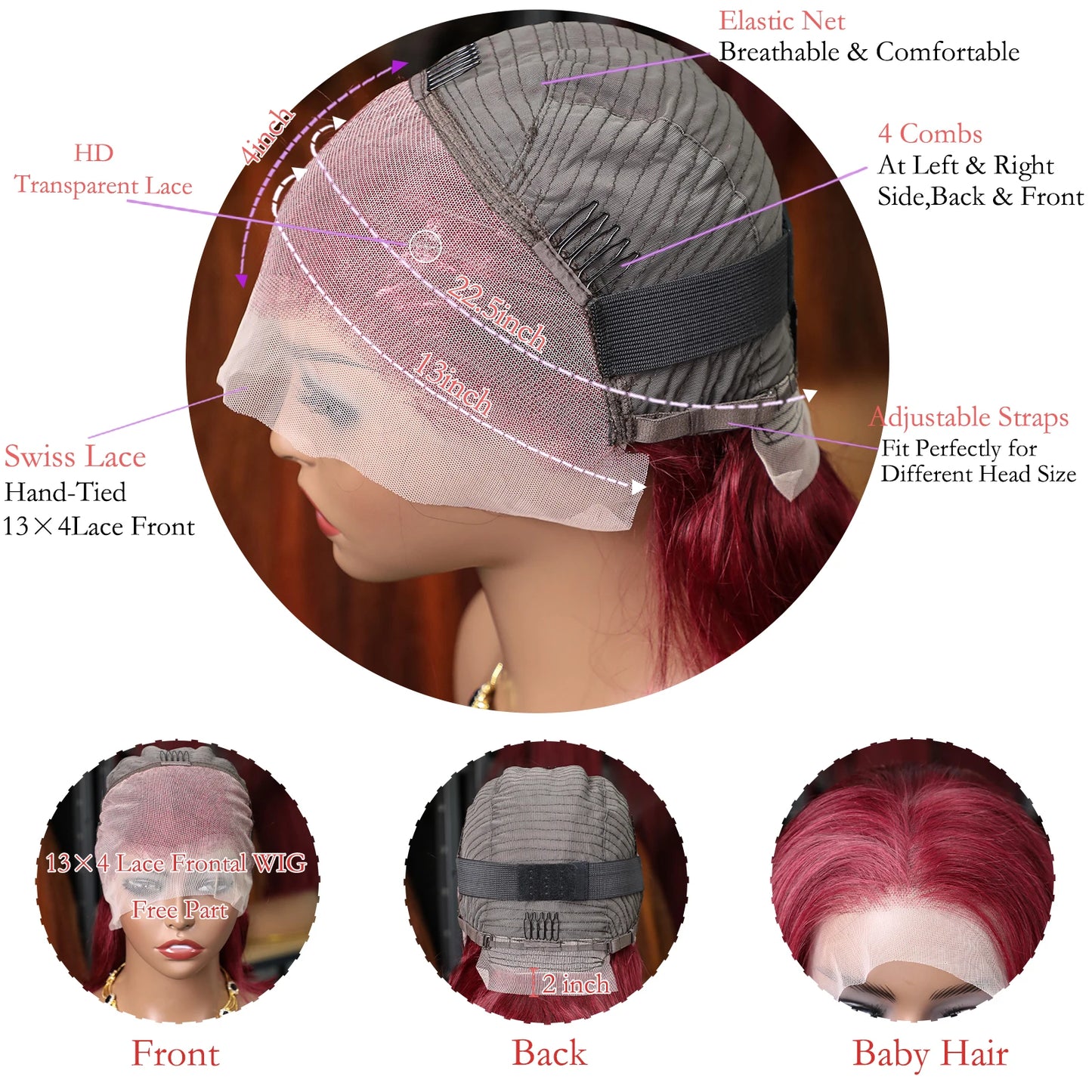 Short Straight Bob Wig Lace Front Human Hair Wigs Ombre Blonde 99J Burgundy Black 13x4 HD Transparent Lace Frontal Wig For Women