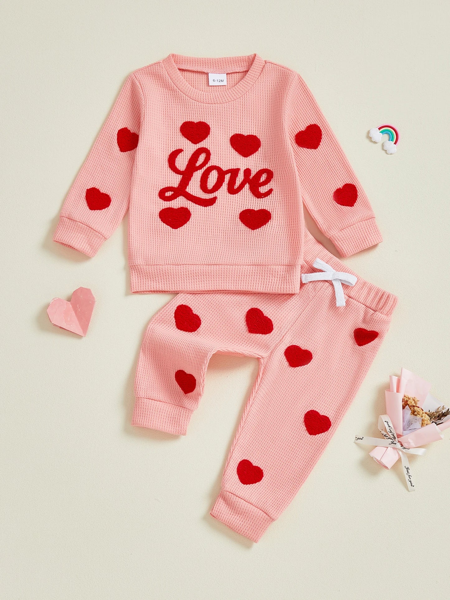 Girls Valentine s Day Outfit Set Long Sleeve Heart Print Top and Drawstring Pants 2 Piece Matching Clothes for Kids