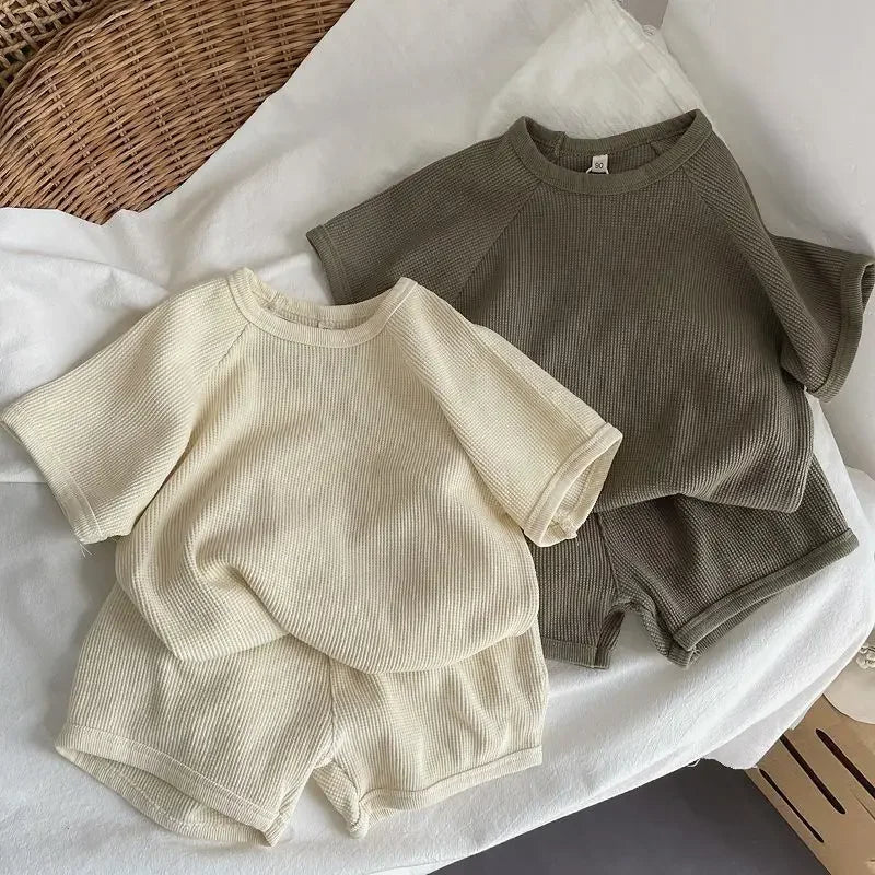 Summer Kids Baby Boys 2PCS Clothes Set Cotton Solid Simple T-shirts Thin Waffle Shorts Suit Toddler Boys Outfits