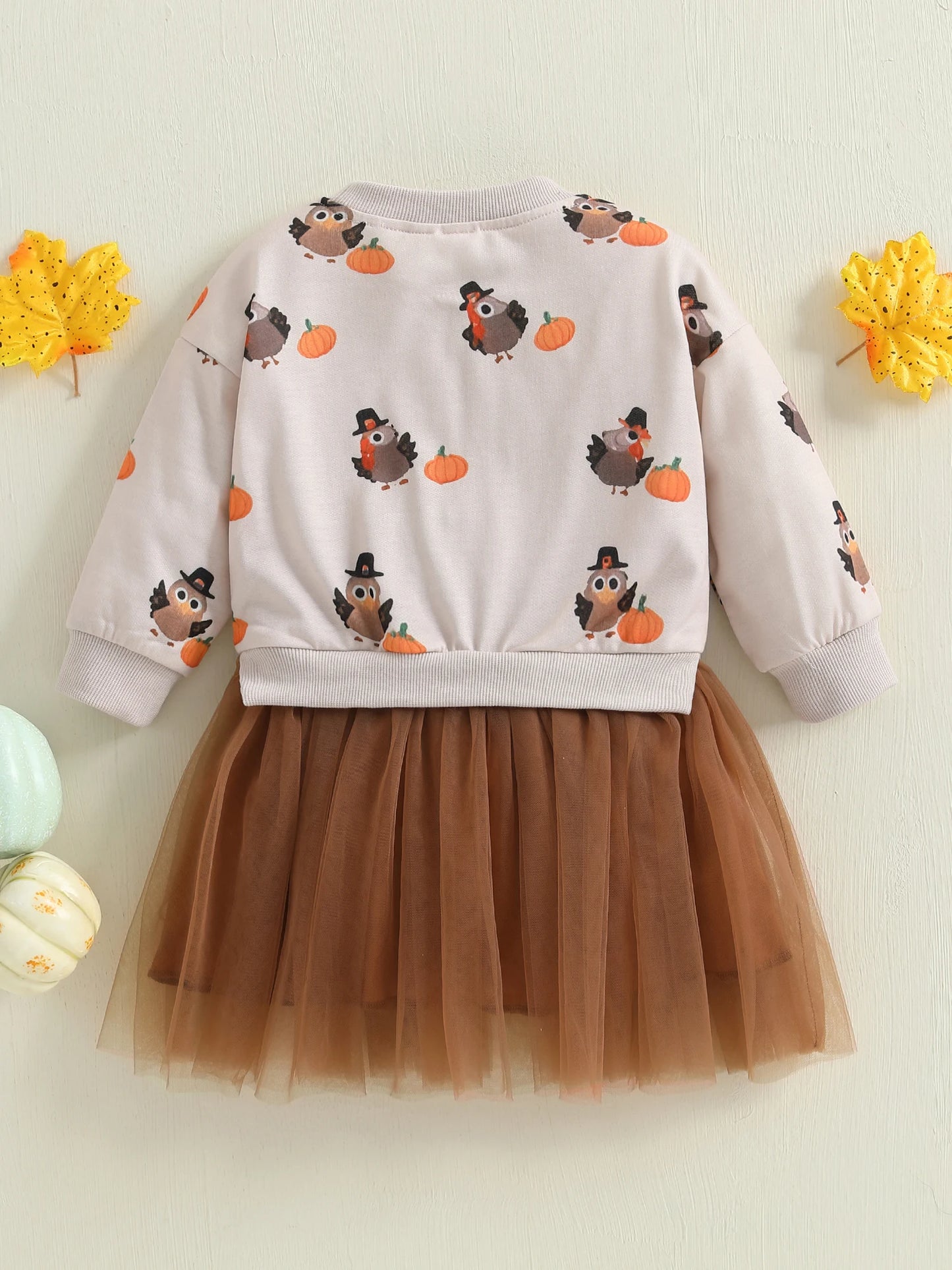 Toddler Girl Thanksgiving Tutu Dress Turkey Pumpkin Print Faux Two-Piece Crew Neck Long Sleeve Sweater Dress with Tulle