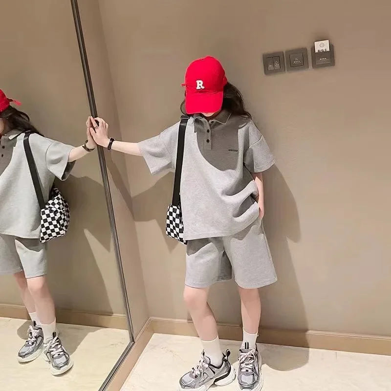 Girls Summer Leisure Suit New Sportswear Children's Summer Casual Wear Children Korean Girls Short-Sleeved Shorts Two-Piece Suit