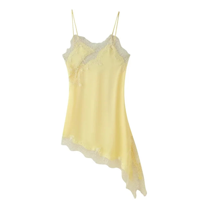 Elegant Satin Asymmetric Lace Patchwork Long Dress Women Solid V-neck Sleeveless Sling Dresses 2025 Autumn Lady High Street Robe