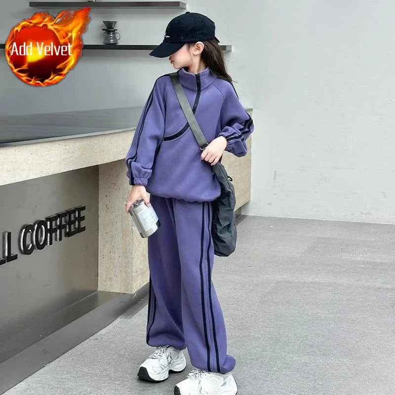 Top & Pants 2-Piece Set Fleece-lined Sweatshirt Girls Winter Clothing Girls' Autumn Clothes Korean Children's 2025 Wear Girl Two