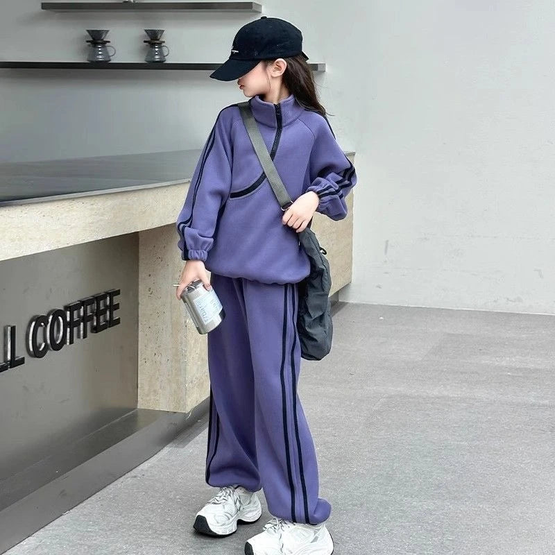 Top & Pants 2-Piece Set Fleece-lined Sweatshirt Girls Winter Clothing Girls' Autumn Clothes Korean Children's 2025 Wear Girl Two