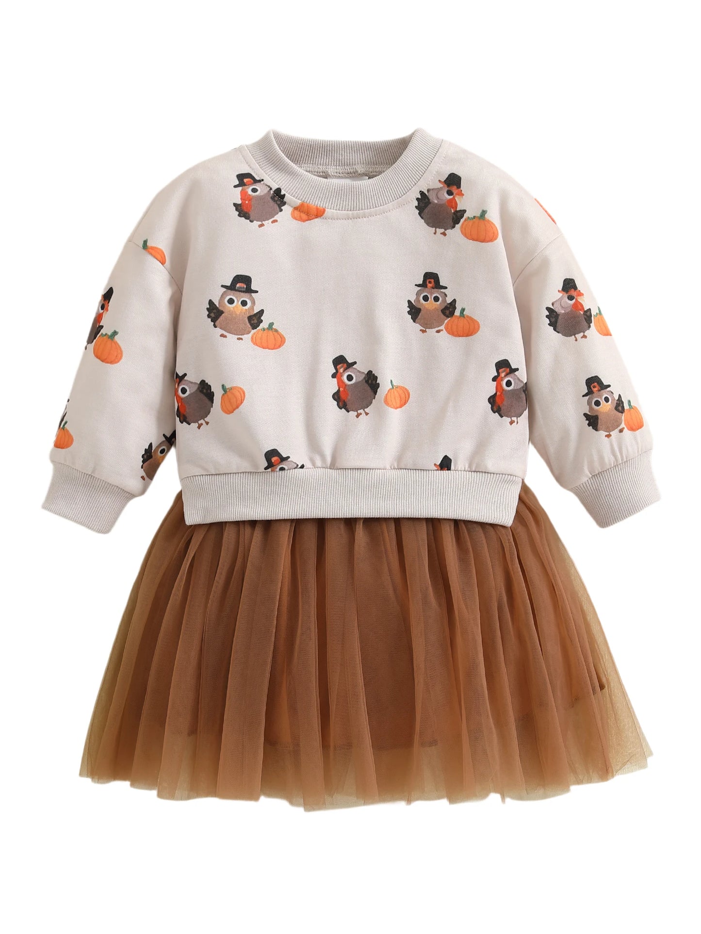Toddler Girl Thanksgiving Tutu Dress Turkey Pumpkin Print Faux Two-Piece Crew Neck Long Sleeve Sweater Dress with Tulle