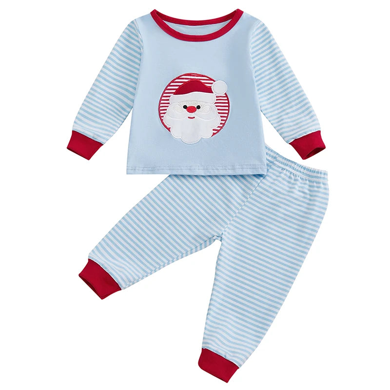 Christmas Toddler Girl Boy Outfits Set with Santa Claus Embroidery Long Sleeve Sweatshirt and Stripe Long Pants - Festive
