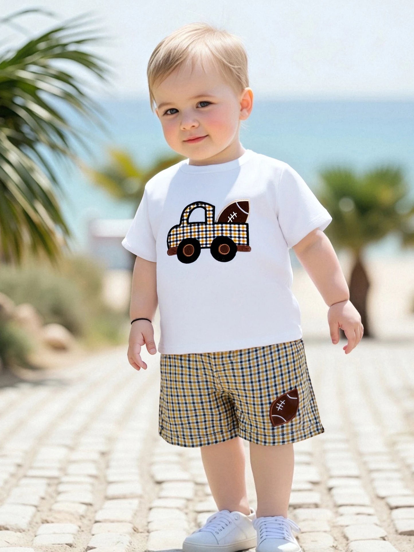 Toddler Boys Casual Summer Clothes Set with Fun Car and Rugby Embroidery Short Sleeve Tee and Plaid Shorts for a Stylish Look