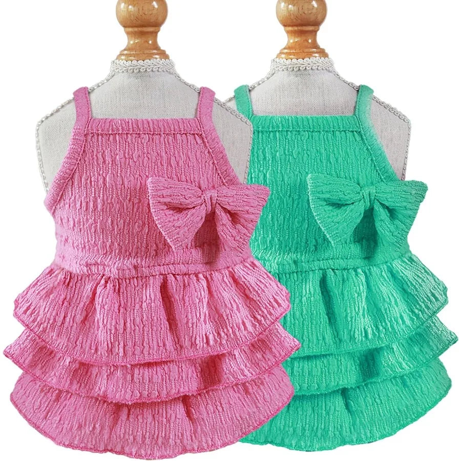 2 Pieces Dog Dress for Small Dogs Girl Puppy Sleeveless Clothes Pet Pullover Vest Skirt Cute Bow Tiered Cake Dress Pet Dog Shir
