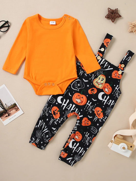 Newborn Baby Boy Clothes,2Pcs Infant Boy Romper Bodysuit halloween Stripe Outfits +Bib Overall Pants(0-24 Month)