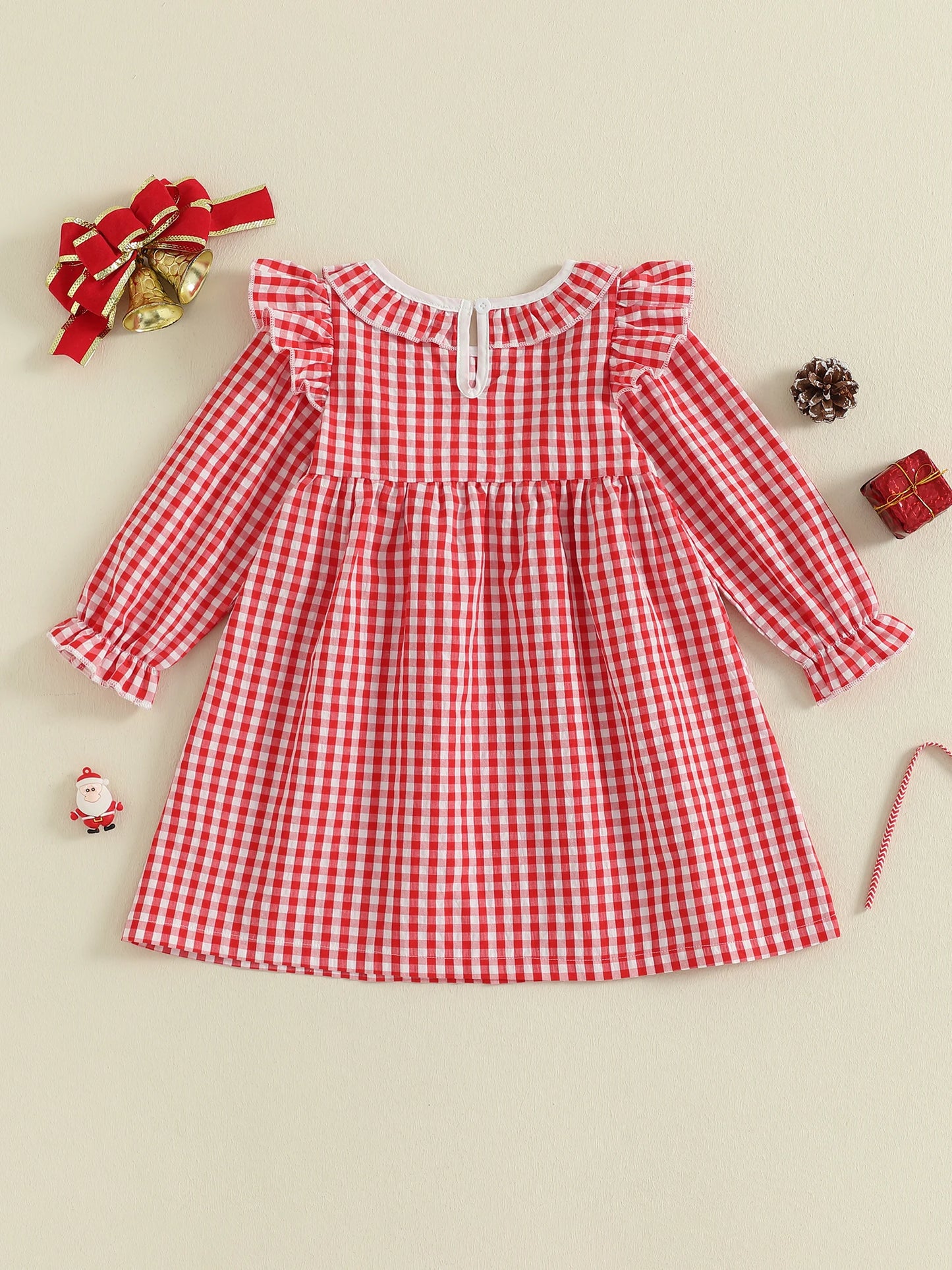 Girls Christmas Dress Long Sleeve Crew Neck Plaid Embroidery Santa Claus Winter Dress with Bow Detail