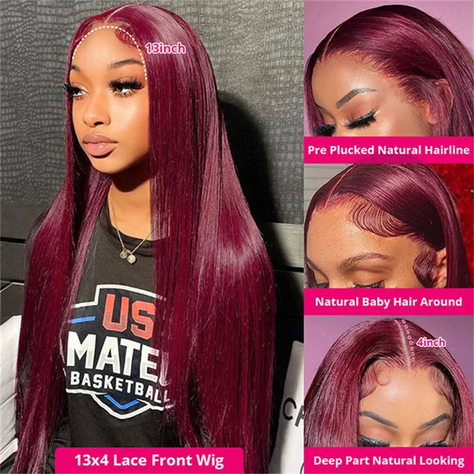 99J Colored Lace Front Human Hair Wigs Straight Burgundy 13x4 HD Transparent Full Lace Frontal Wig Red Glueless Wigs For Women