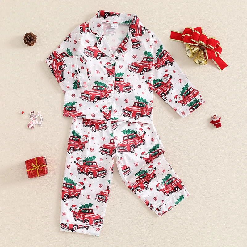 Children s Girls Christmas Pajama Set with Festive Santa Claus Design Long Sleeve Button-Up Shirt and Elastic Waist Pants for