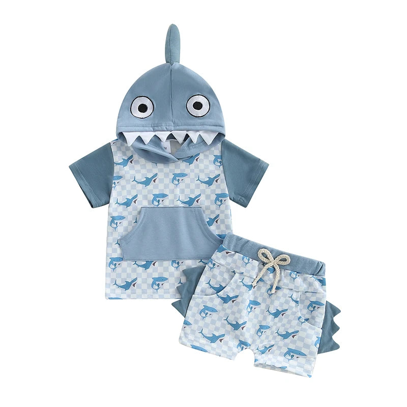Boys Summer Shorts Sets Short Sleeve Shark Print Hooded Tops and Drawstring Shorts Sets