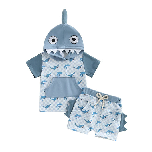 Boys Summer Shorts Sets Short Sleeve Shark Print Hooded Tops and Drawstring Shorts Sets