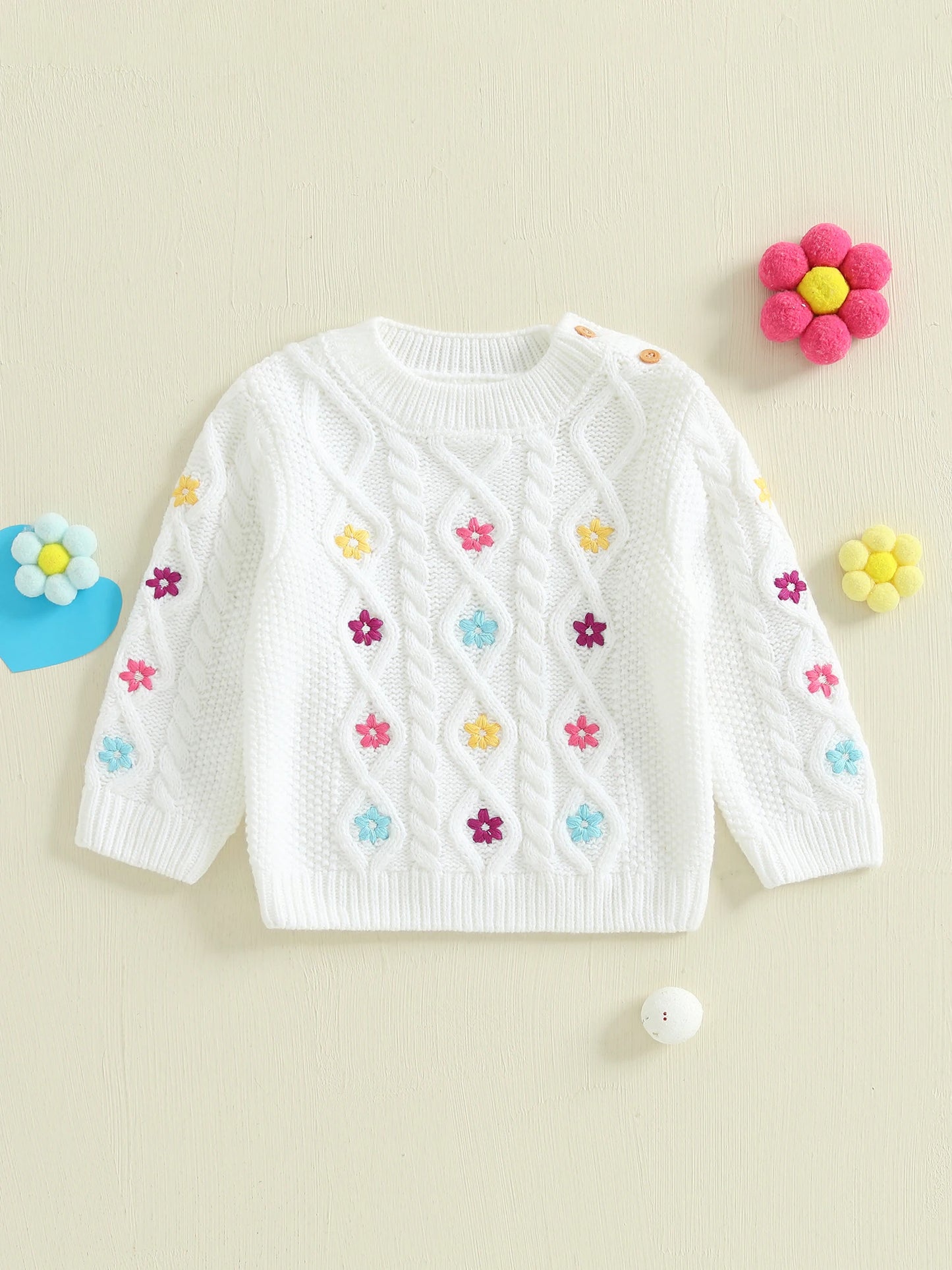 Infant Girls Floral Embroidered Knit Sweater with Crew Neck Jacquard Design and Long Sleeves - Adorable Pullover Top