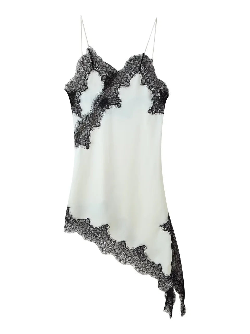 Elegant Satin Asymmetric Lace Patchwork Long Dress Women Solid V-neck Sleeveless Sling Dresses 2025 Autumn Lady High Street Robe