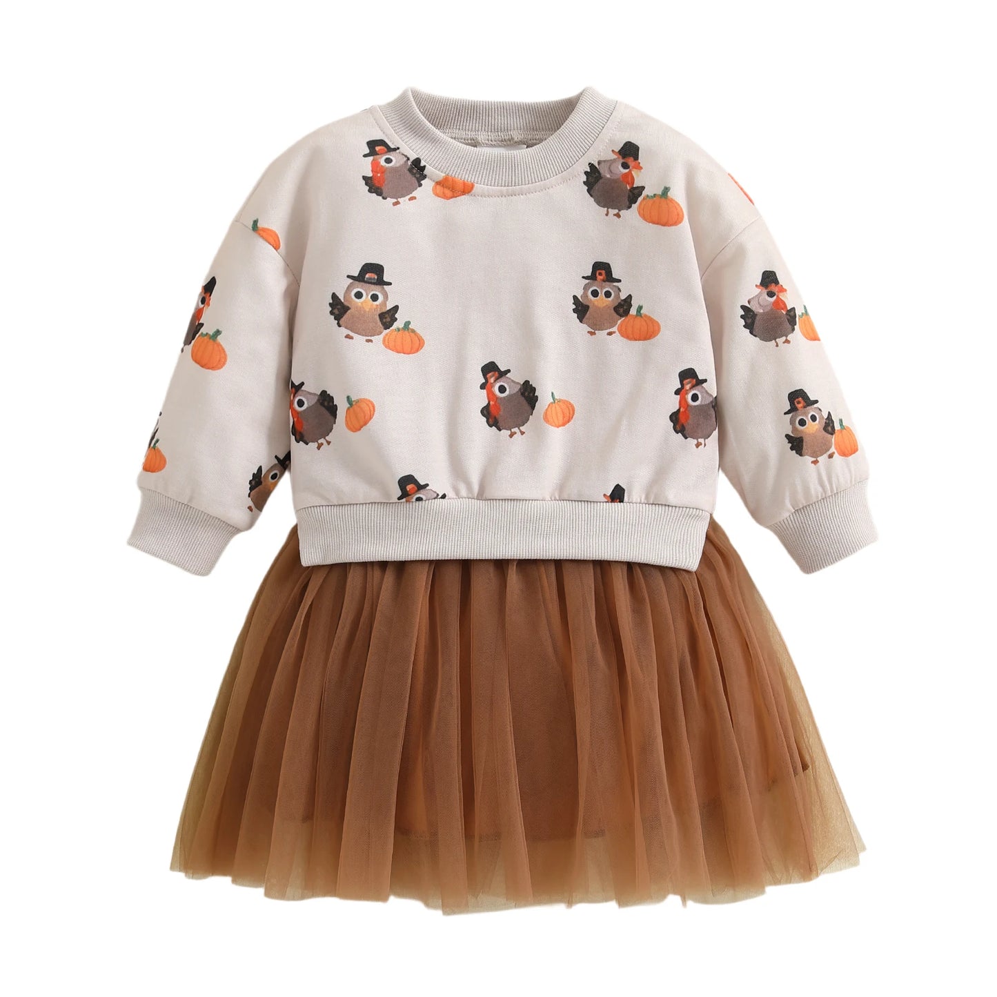 Toddler Girl Thanksgiving Tutu Dress Turkey Pumpkin Print Faux Two-Piece Crew Neck Long Sleeve Sweater Dress with Tulle