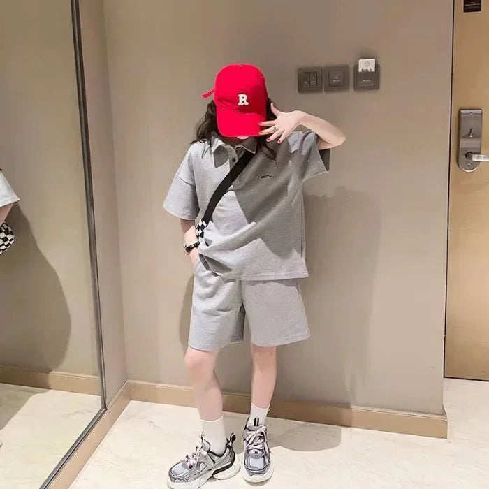 Girls Summer Leisure Suit New Sportswear Children's Summer Casual Wear Children Korean Girls Short-Sleeved Shorts Two-Piece Suit