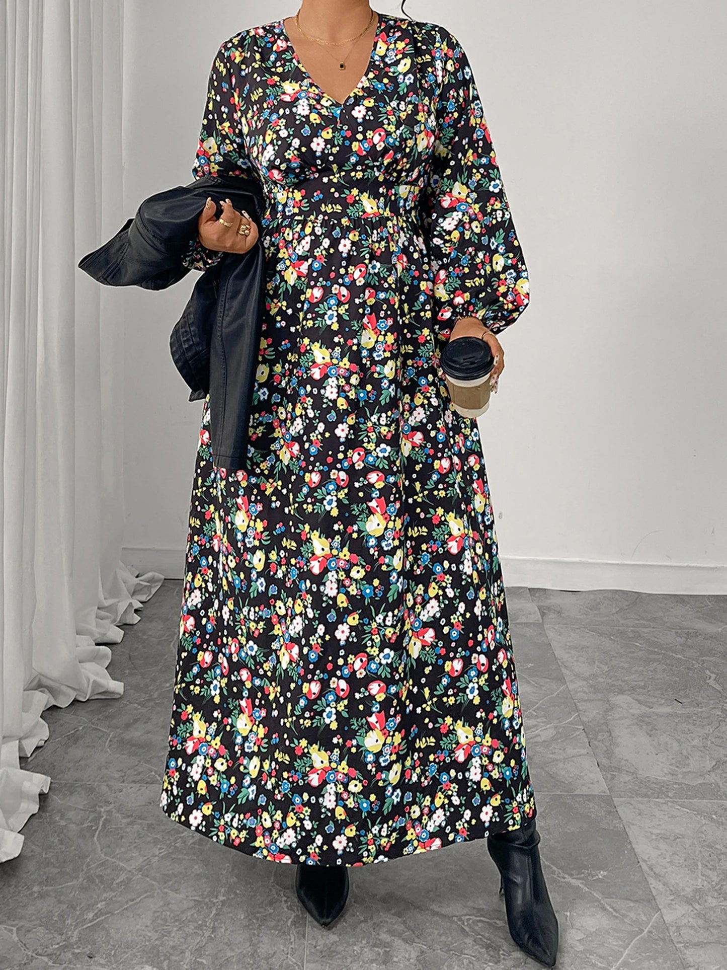 Elegant Maxi Dress Flowy Long Sleeve V-neck Printed Dress for Women s Daily Wear and Special Occasions