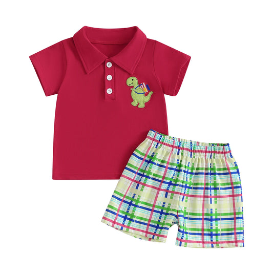 Boys Summer Outfit Set with Short Sleeve Lapel Dinosaur Embroidery Top and Plaid Shorts for a Stylish Look