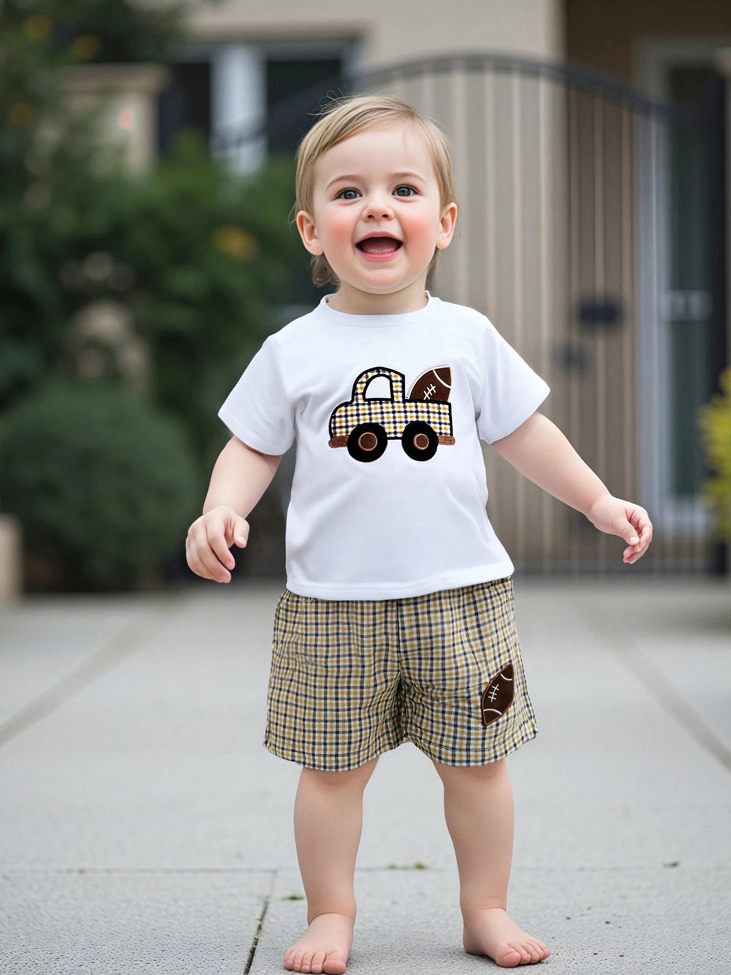 Toddler Boys Casual Summer Clothes Set with Fun Car and Rugby Embroidery Short Sleeve Tee and Plaid Shorts for a Stylish Look